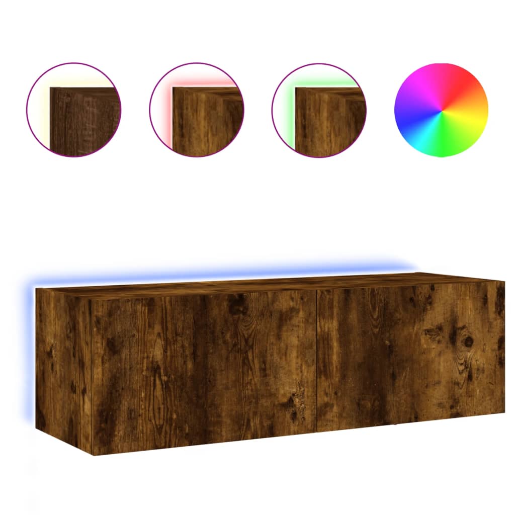vidaXL Comodă TV de perete cu lumini LED, stejar fumuriu, 100x35x31 cm vidaXL Comodă TV de perete cu lumini LED, stejar fumuriu, 100x35x31 cm