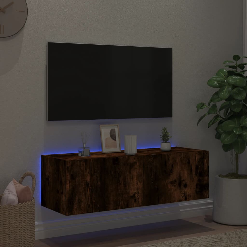 vidaXL Comodă TV de perete cu lumini LED, stejar fumuriu, 100x35x31 cm vidaXL Comodă TV de perete cu lumini LED, stejar fumuriu, 100x35x31 cm