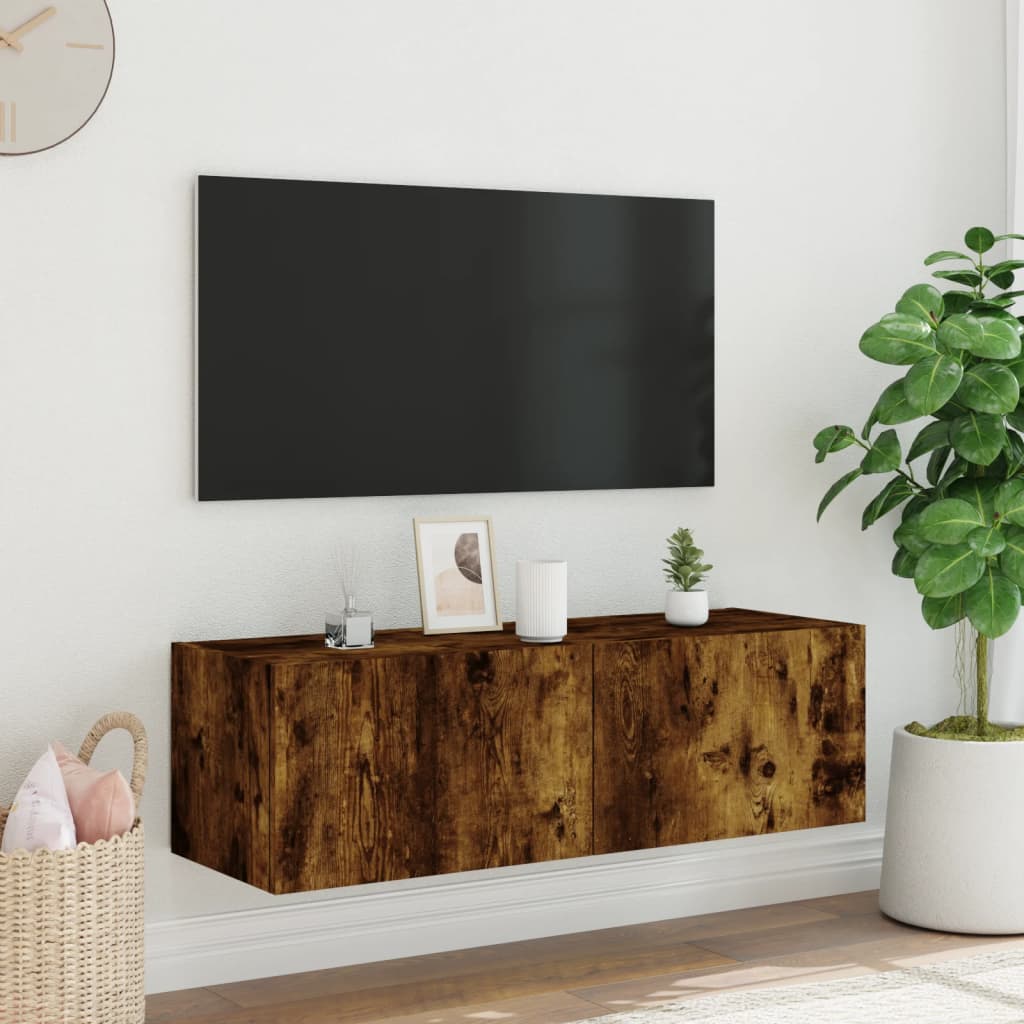 vidaXL Comodă TV de perete cu lumini LED, stejar fumuriu, 100x35x31 cm vidaXL Comodă TV de perete cu lumini LED, stejar fumuriu, 100x35x31 cm