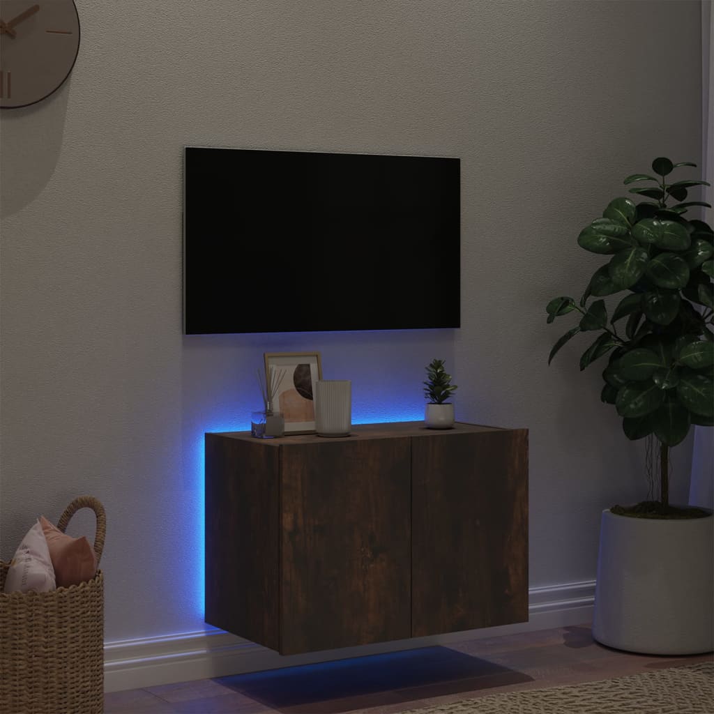 vidaXL Comodă TV de perete cu lumini LED, stejar fumuriu, 60x35x41 cm vidaXL Comodă TV de perete cu lumini LED, stejar fumuriu, 60x35x41 cm