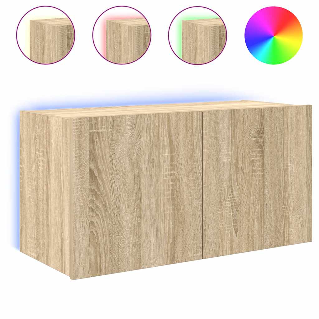 vidaXL Comodă TV de perete cu lumini LED, stejar sonoma, 80x35x41 cm vidaXL Comodă TV de perete cu lumini LED, stejar sonoma, 80x35x41 cm
