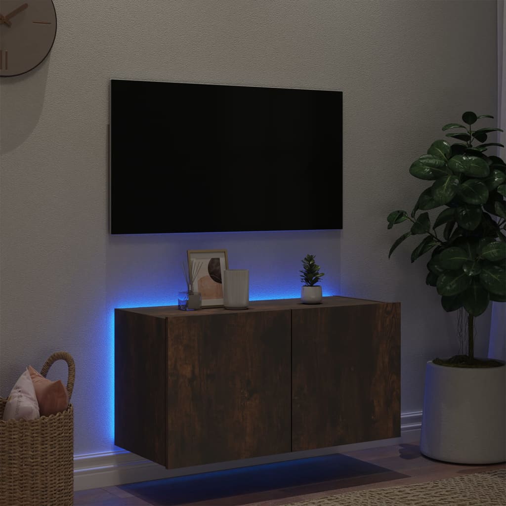 vidaXL Comodă TV de perete cu lumini LED, stejar fumuriu, 80x35x41 cm vidaXL Comodă TV de perete cu lumini LED, stejar fumuriu, 80x35x41 cm
