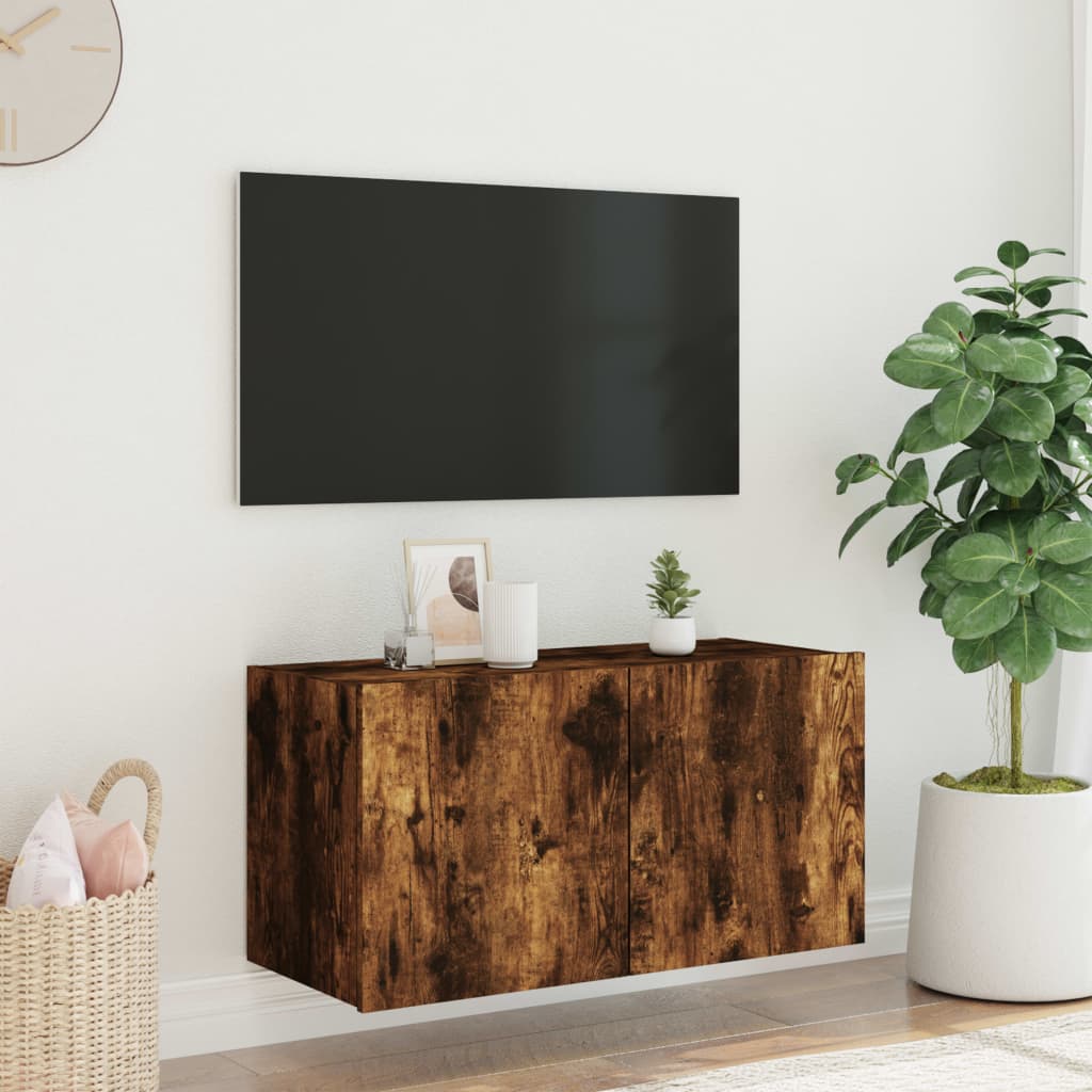 vidaXL Comodă TV de perete cu lumini LED, stejar fumuriu, 80x35x41 cm vidaXL Comodă TV de perete cu lumini LED, stejar fumuriu, 80x35x41 cm