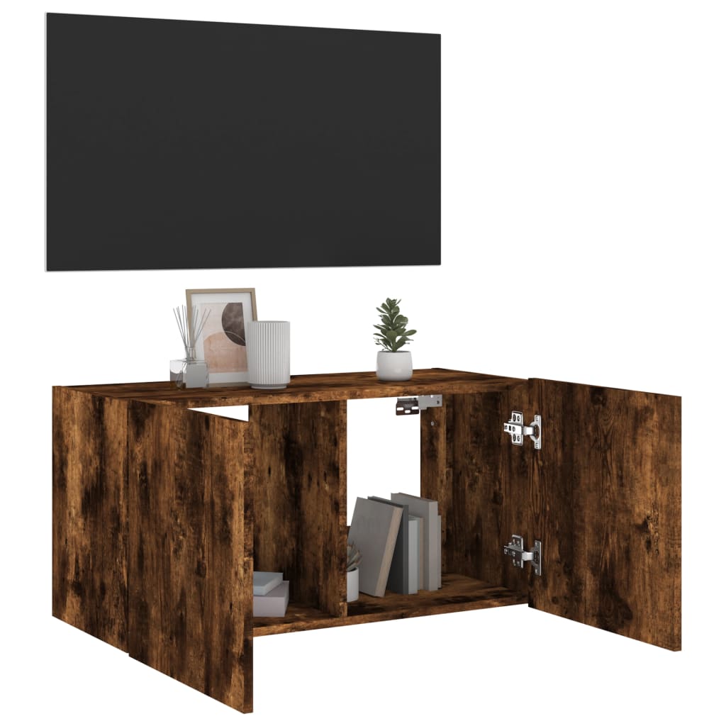 vidaXL Comodă TV de perete cu lumini LED, stejar fumuriu, 80x35x41 cm vidaXL Comodă TV de perete cu lumini LED, stejar fumuriu, 80x35x41 cm