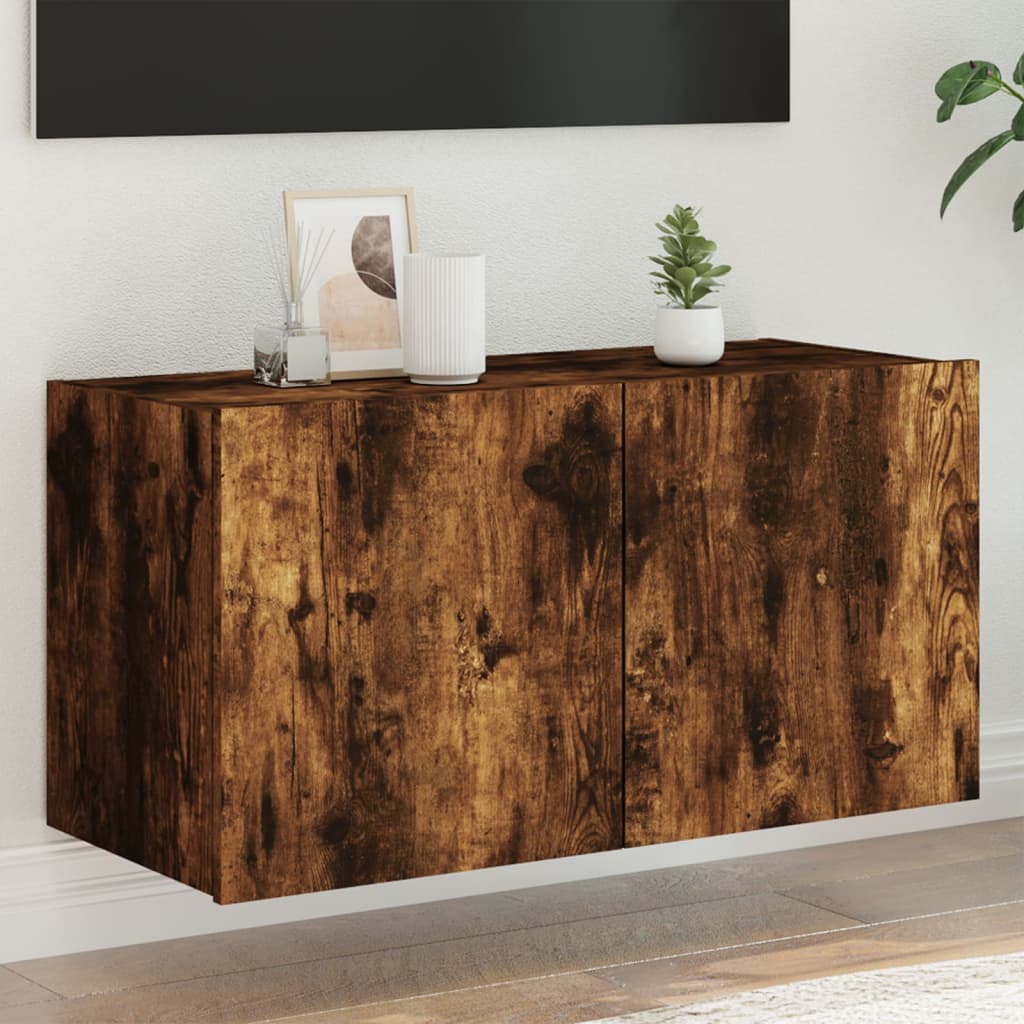 vidaXL Comodă TV de perete cu lumini LED, stejar fumuriu, 80x35x41 cm vidaXL Comodă TV de perete cu lumini LED, stejar fumuriu, 80x35x41 cm