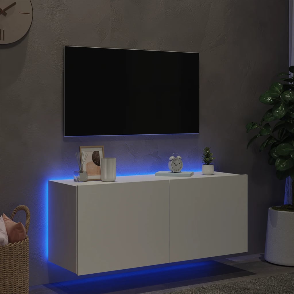 vidaXL Comodă TV de perete cu lumini LED, alb, 100x35x41 cm vidaXL Comodă TV de perete cu lumini LED, alb, 100x35x41 cm