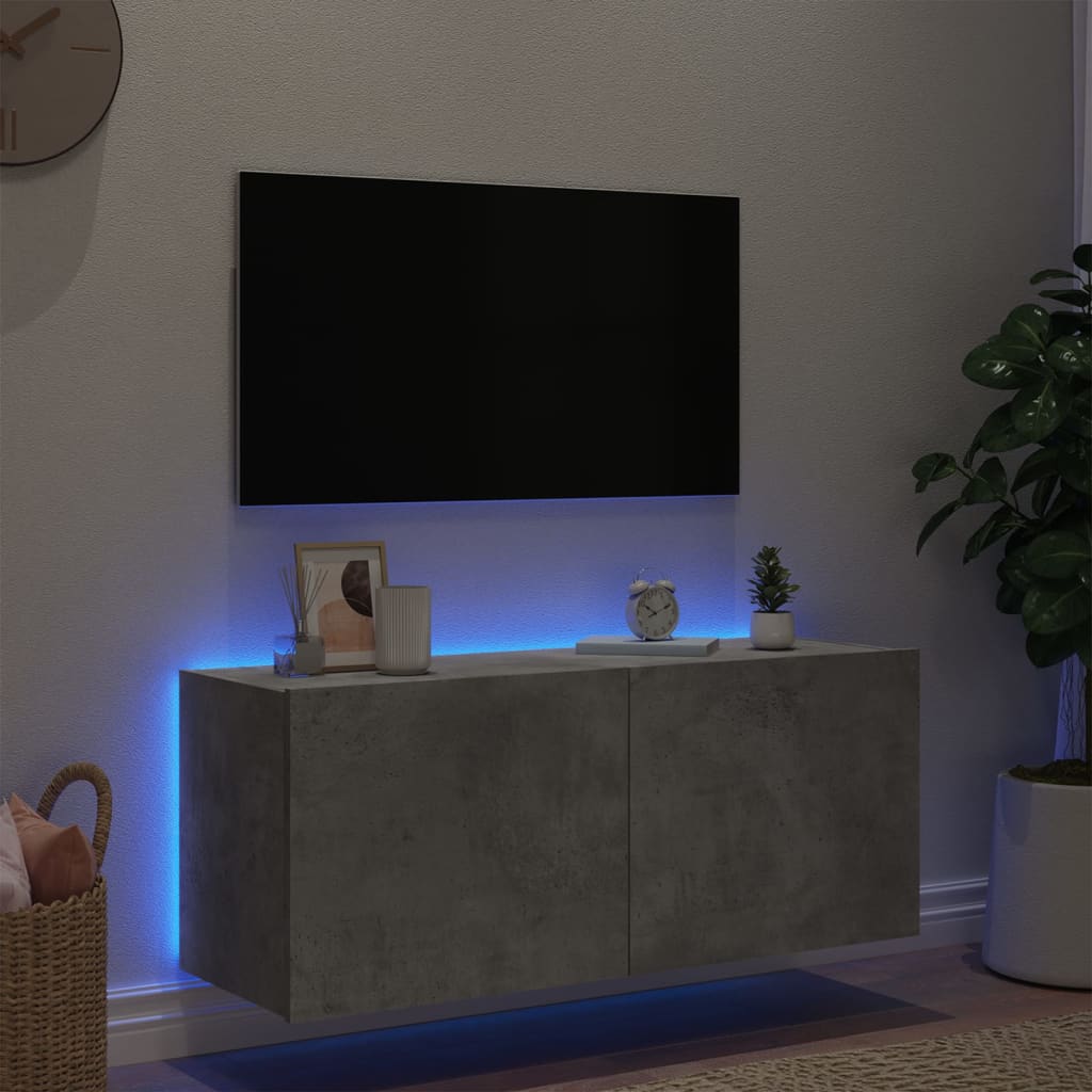 vidaXL Comodă TV de perete cu lumini LED, gri beton, 100x35x41 cm