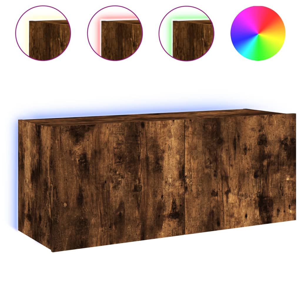 vidaXL Comodă TV de perete cu lumini LED, stejar fumuriu, 100x35x41 cm vidaXL Comodă TV de perete cu lumini LED, stejar fumuriu, 100x35x41 cm