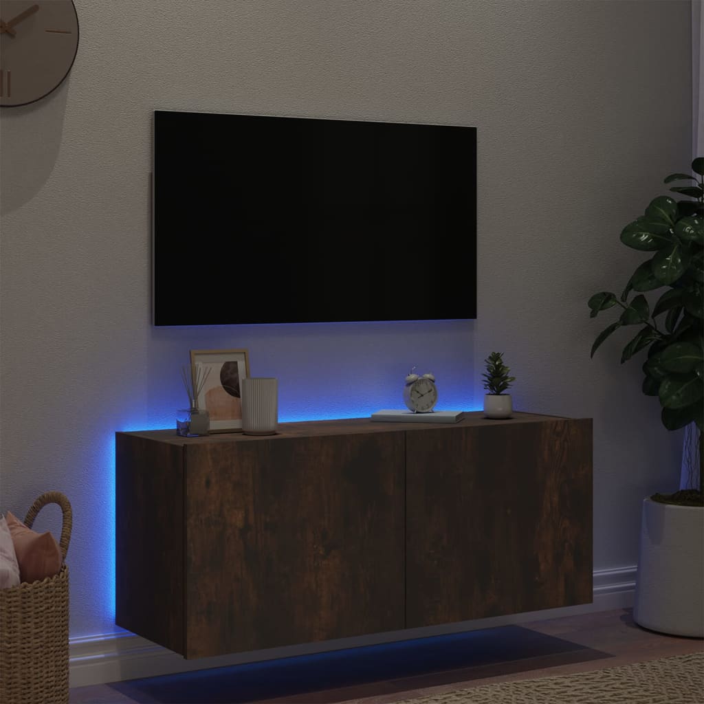vidaXL Comodă TV de perete cu lumini LED, stejar fumuriu, 100x35x41 cm vidaXL Comodă TV de perete cu lumini LED, stejar fumuriu, 100x35x41 cm