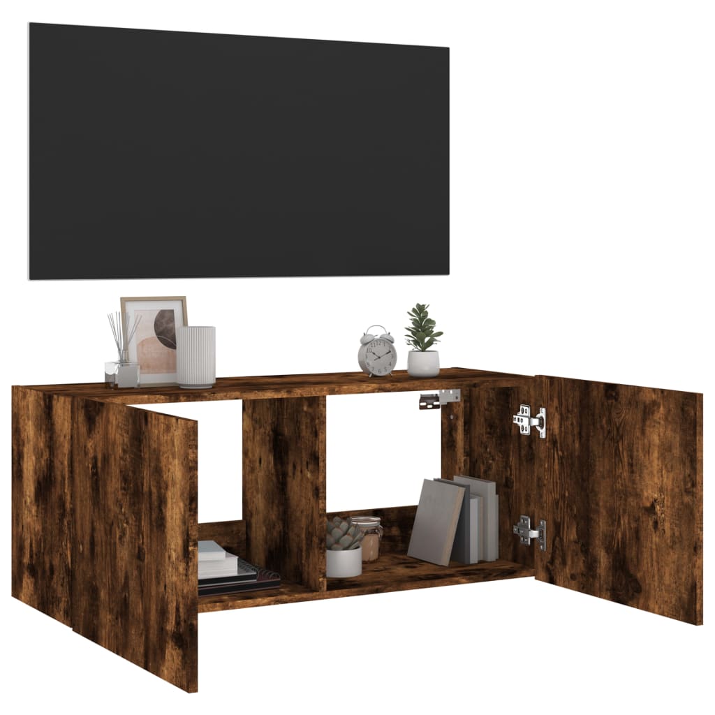 vidaXL Comodă TV de perete cu lumini LED, stejar fumuriu, 100x35x41 cm vidaXL Comodă TV de perete cu lumini LED, stejar fumuriu, 100x35x41 cm