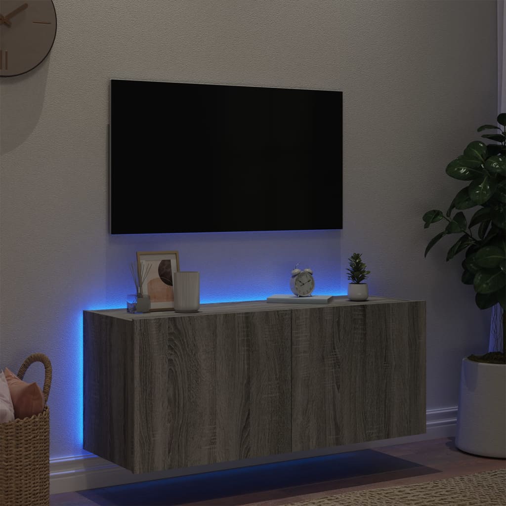 vidaXL Comodă TV de perete cu lumini LED, gri sonoma, 100x35x41 cm