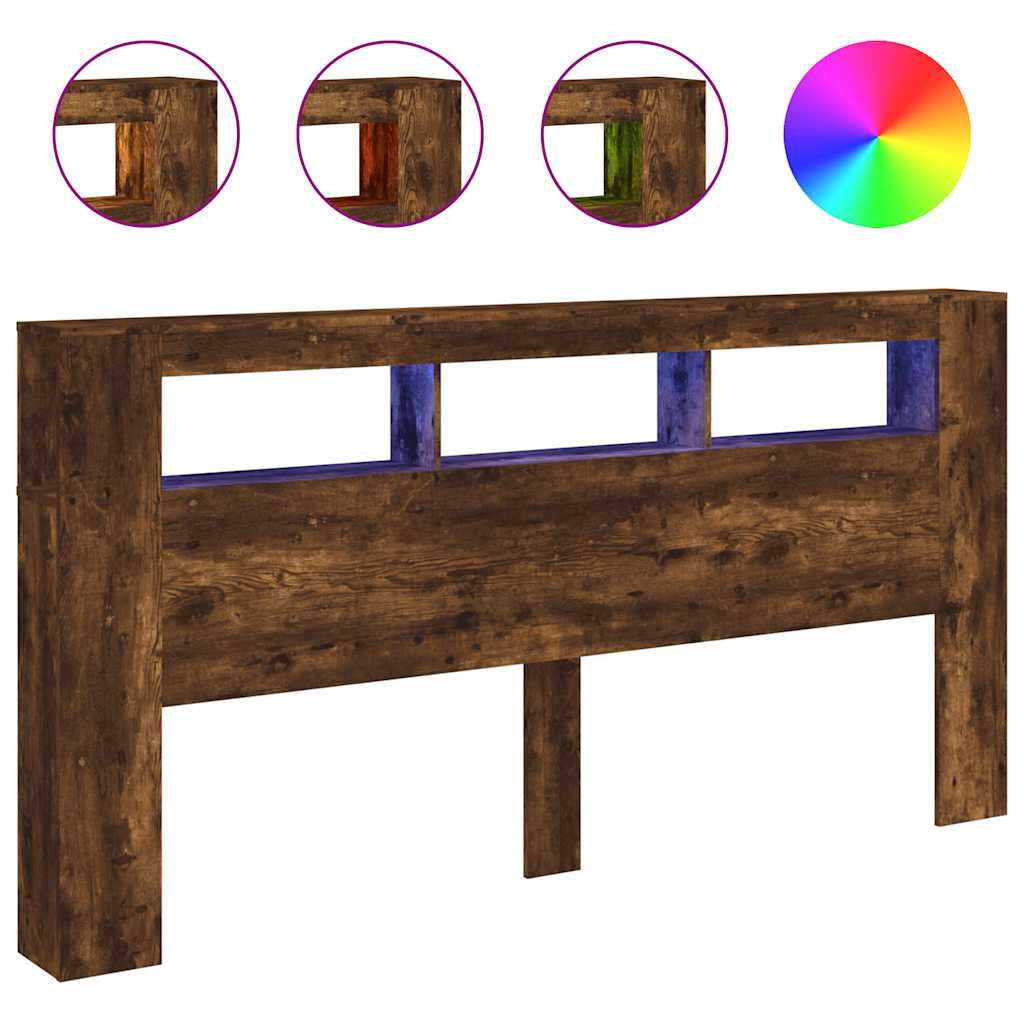 vidaXL Tăblie de pat cu LED, stejar fumuriu, 220x18,5x103,5 cm, lemn