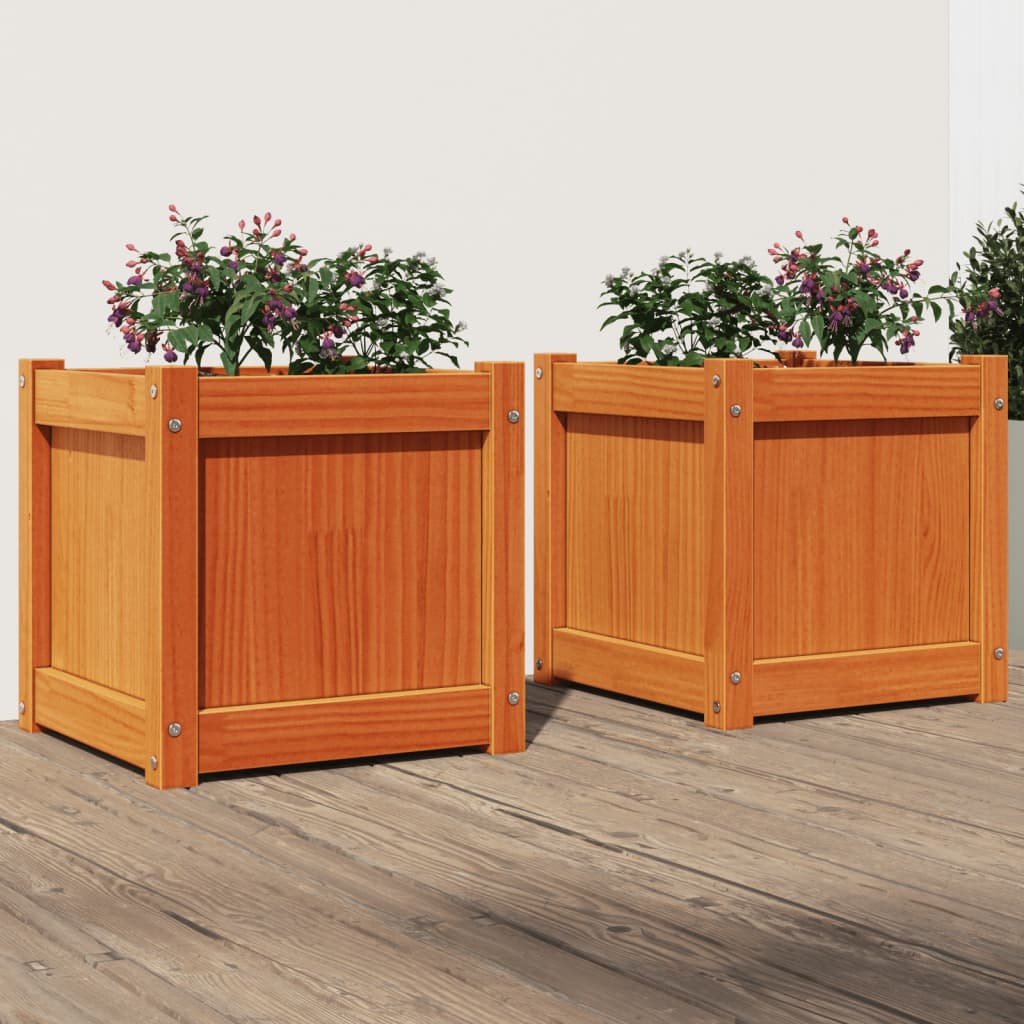 vidaXL Jardiniere de grădină, 2 buc., maro ceruit, lemn masiv de pin vidaXL Jardiniere de grădină, 2 buc., maro ceruit, lemn masiv de pin