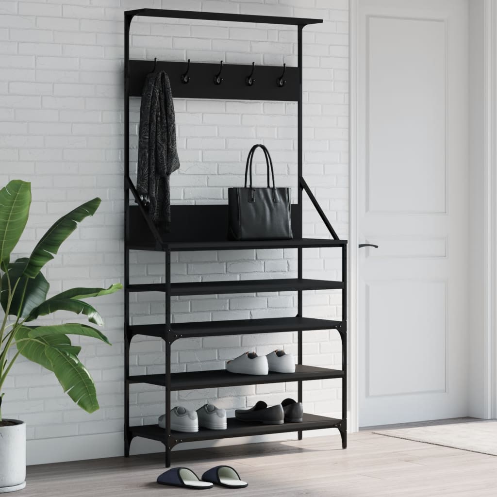 vidaXL Suport de haine cu raft de pantofi, negru, 90x34x184 cm vidaXL Suport de haine cu raft de pantofi, negru, 90x34x184 cm
