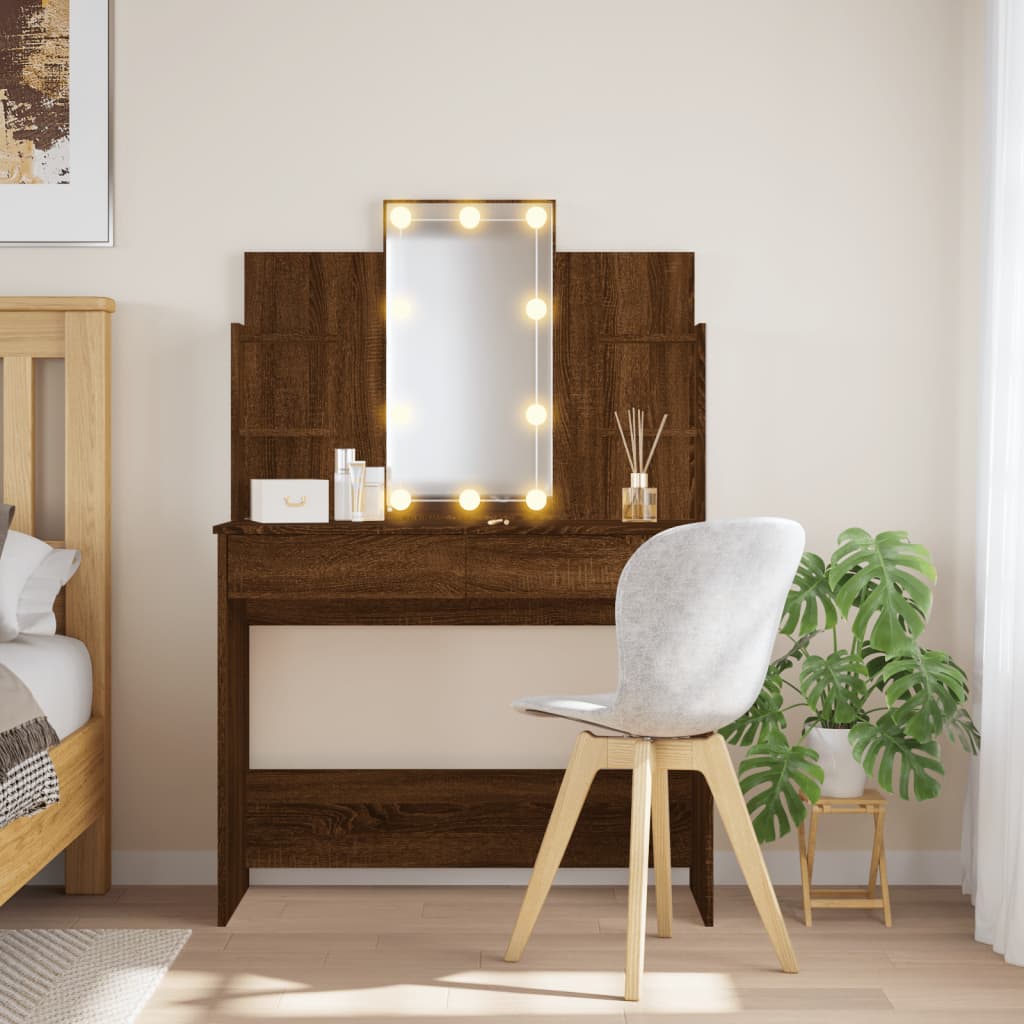 vidaXL Masă de toaletă cu LED-uri, stejar maro, 96x40x142 cm vidaXL Masă de toaletă cu LED-uri, stejar maro, 96x40x142 cm
