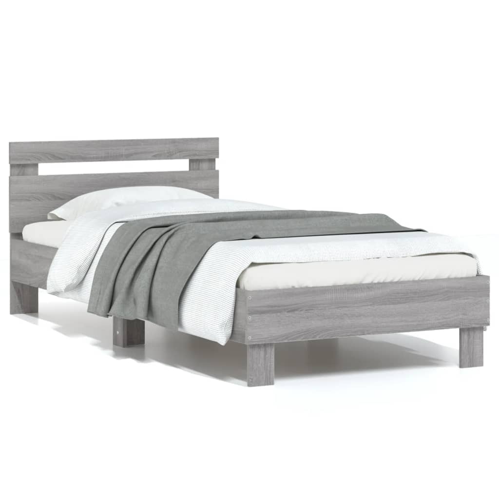 vidaXL Cadru de pat cu tăblie, gri sonoma, 90x200 cm, lemn prelucrat vidaXL Cadru de pat cu tăblie, gri sonoma, 90x200 cm, lemn prelucrat