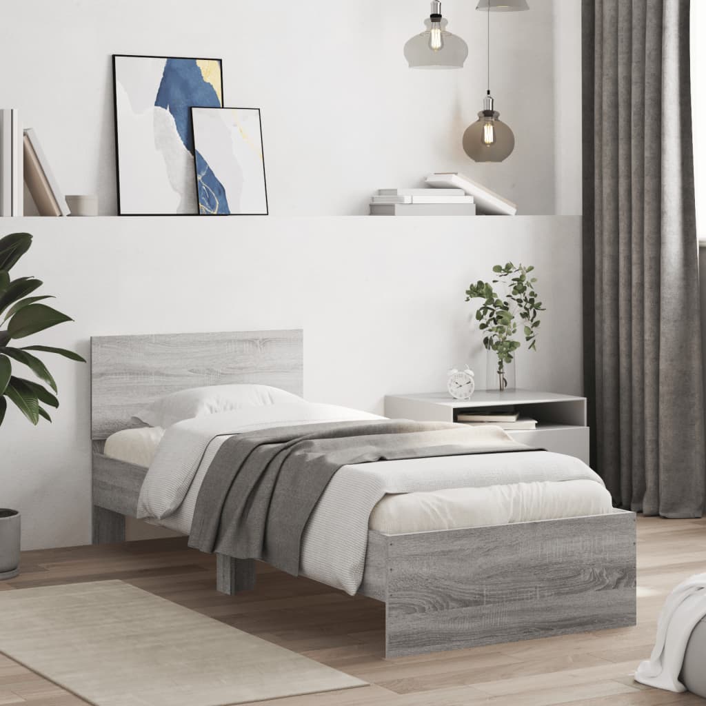 vidaXL Cadru de pat cu tăblie, gri sonoma, 90x200 cm, lemn prelucrat vidaXL Cadru de pat cu tăblie, gri sonoma, 90x200 cm, lemn prelucrat