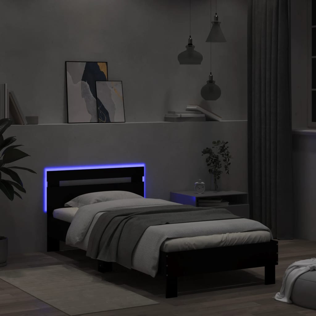 vidaXL Cadru de pat cu tăblie și lumini LED, negru, 100x200 cm
