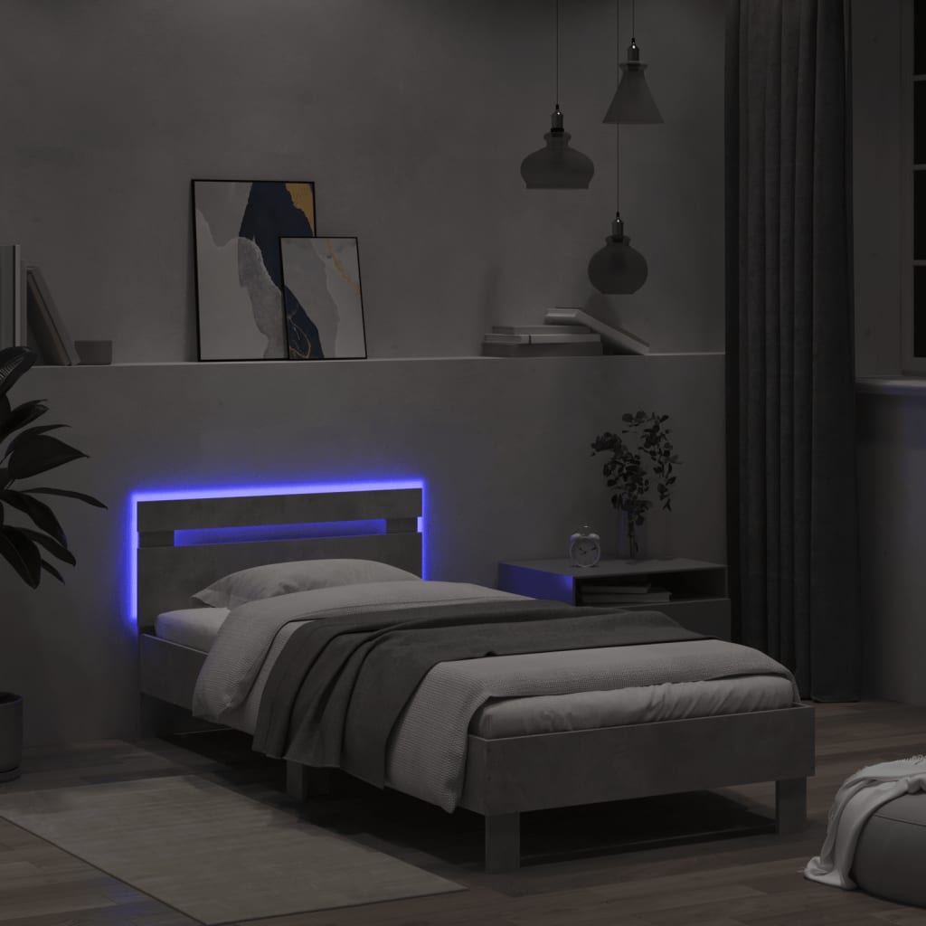 vidaXL Cadru de pat cu tăblie și lumini LED, gri beton, 100x200 cm
