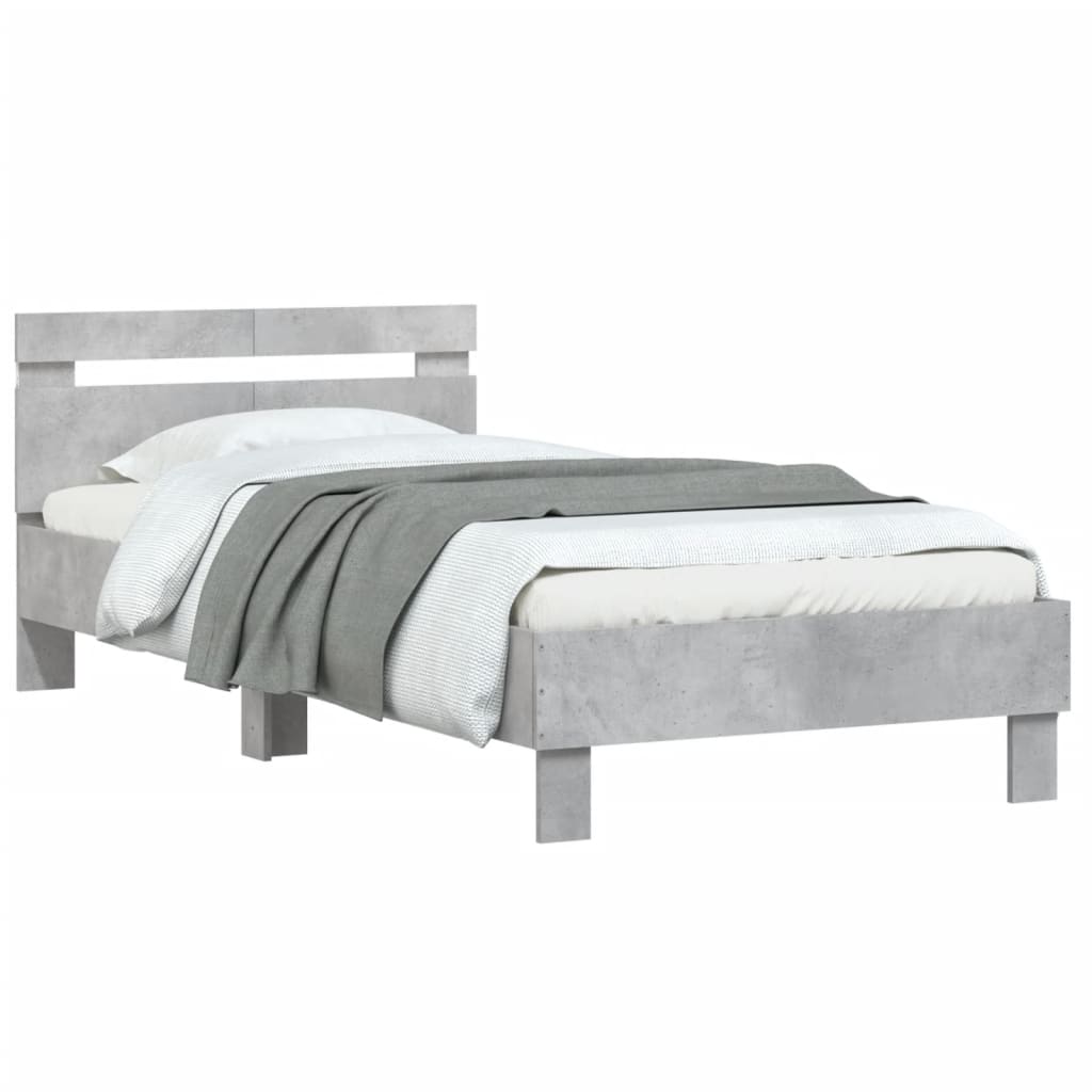 vidaXL Cadru de pat cu tăblie și lumini LED, gri beton, 100x200 cm