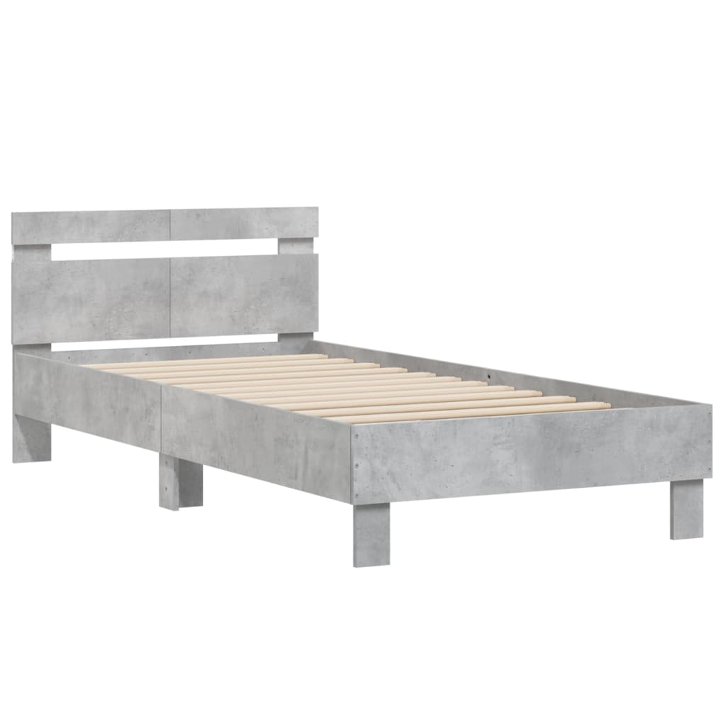 vidaXL Cadru de pat cu tăblie și lumini LED, gri beton, 100x200 cm