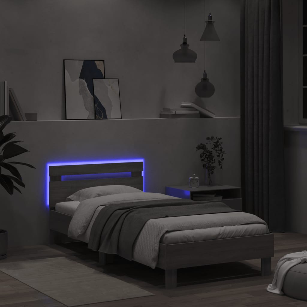 vidaXL Cadru de pat cu tăblie și lumini LED, gri sonoma, 100x200 cm