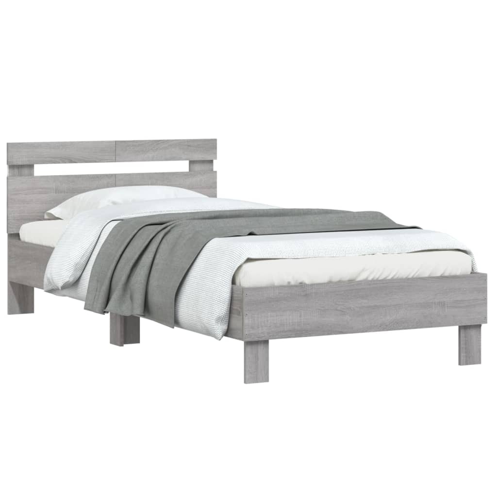 vidaXL Cadru de pat cu tăblie și lumini LED, gri sonoma, 100x200 cm