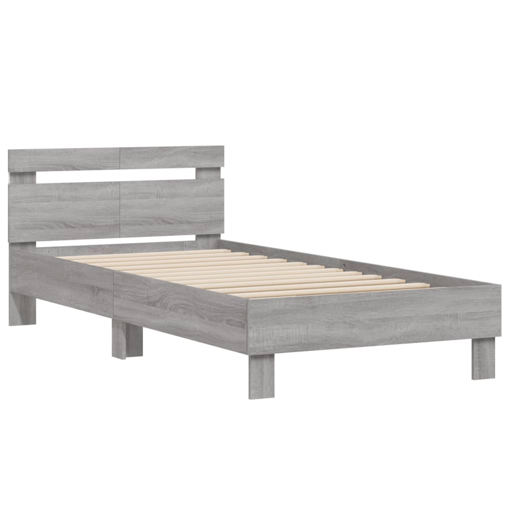 vidaXL Cadru de pat cu tăblie și lumini LED, gri sonoma, 100x200 cm