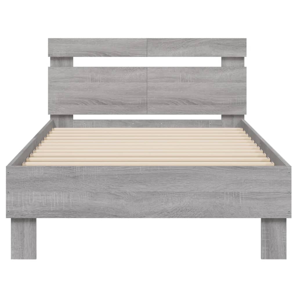 vidaXL Cadru de pat cu tăblie și lumini LED, gri sonoma, 100x200 cm