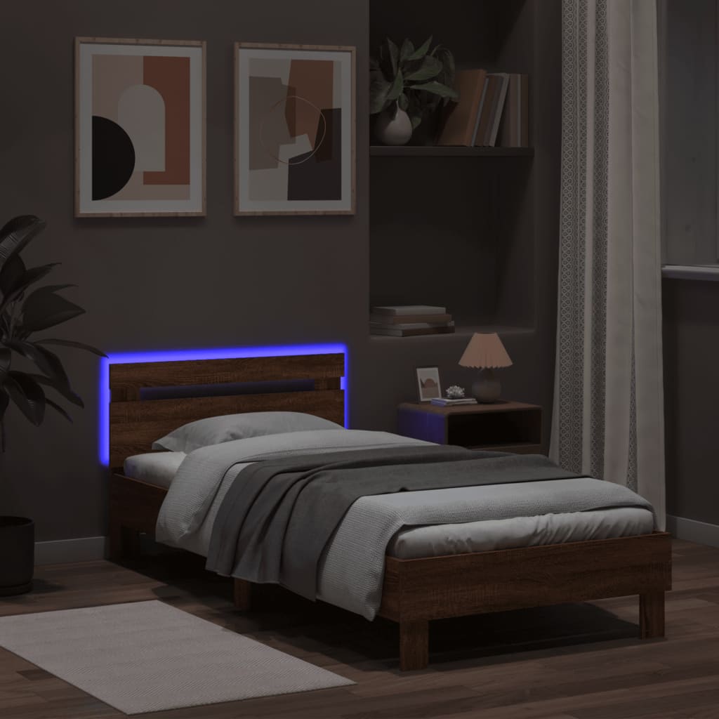 vidaXL Cadru de pat cu tăblie și lumini LED, stejar maro, 100x200 cm