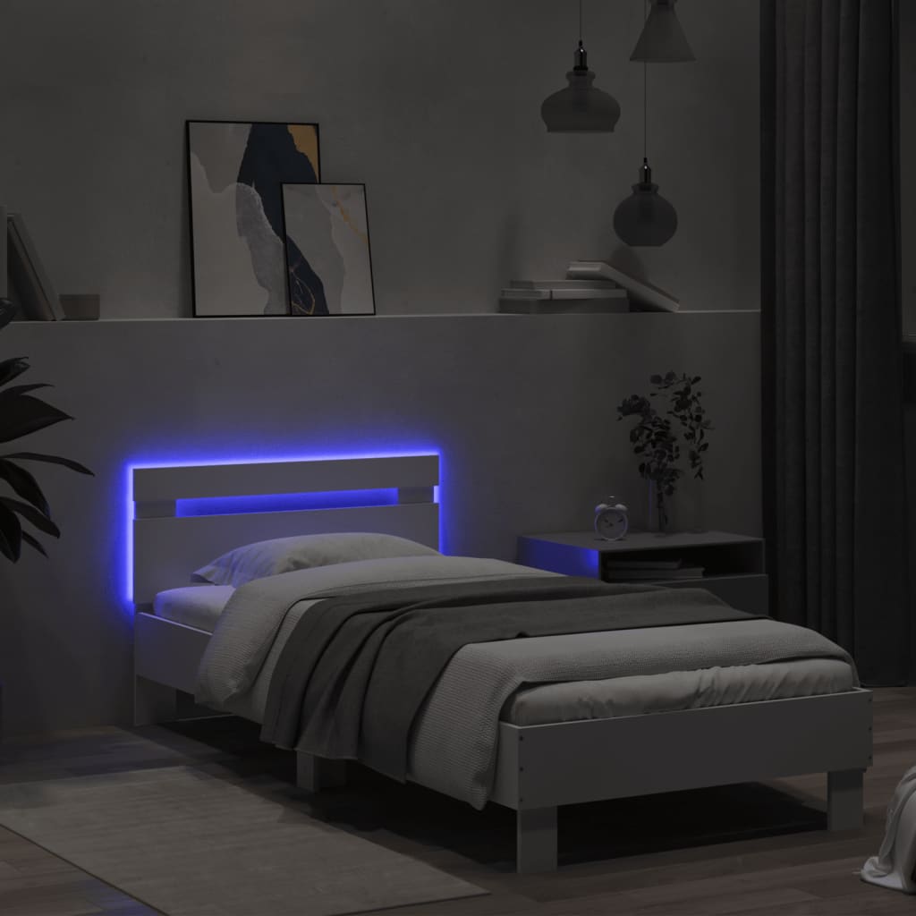 vidaXL Cadru de pat cu tăblie și lumini LED, alb, 90x200 cm