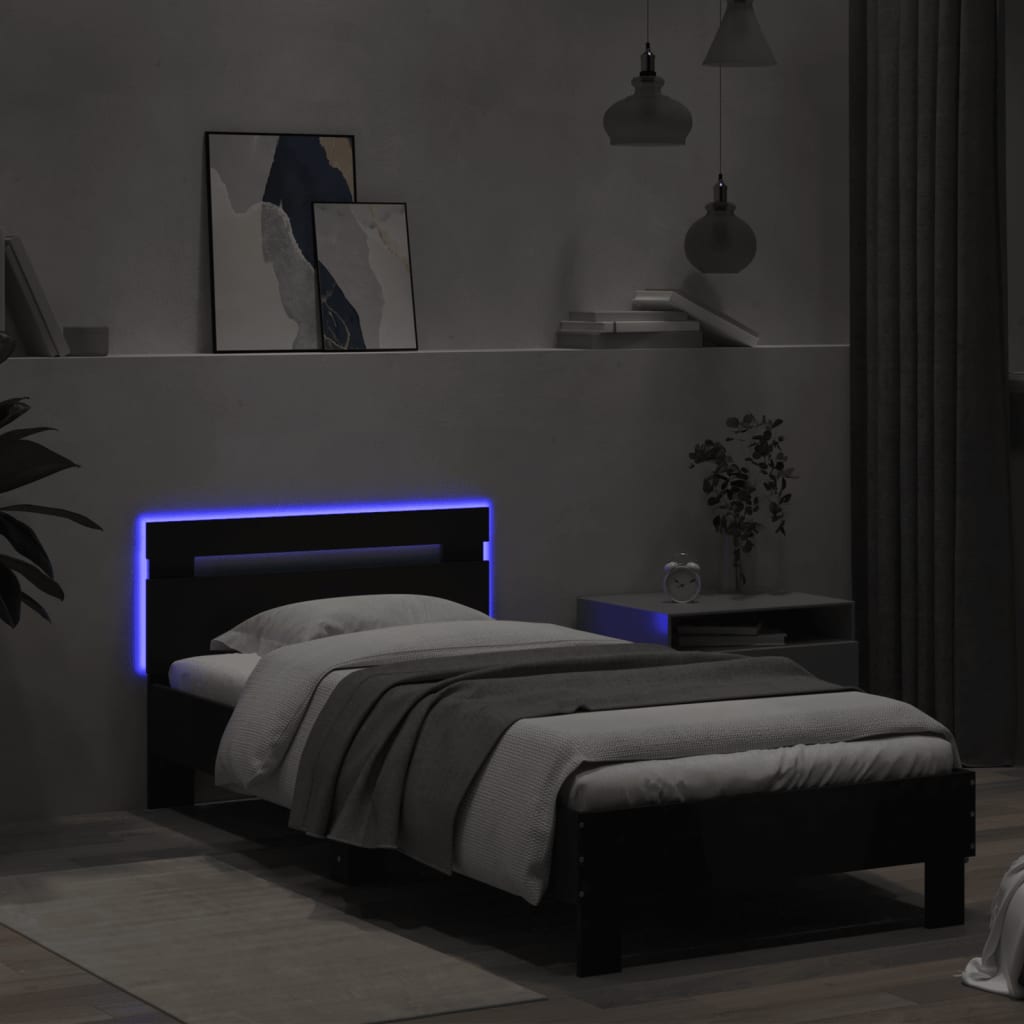vidaXL Cadru de pat cu tăblie și lumini LED, negru, 90x200 cm