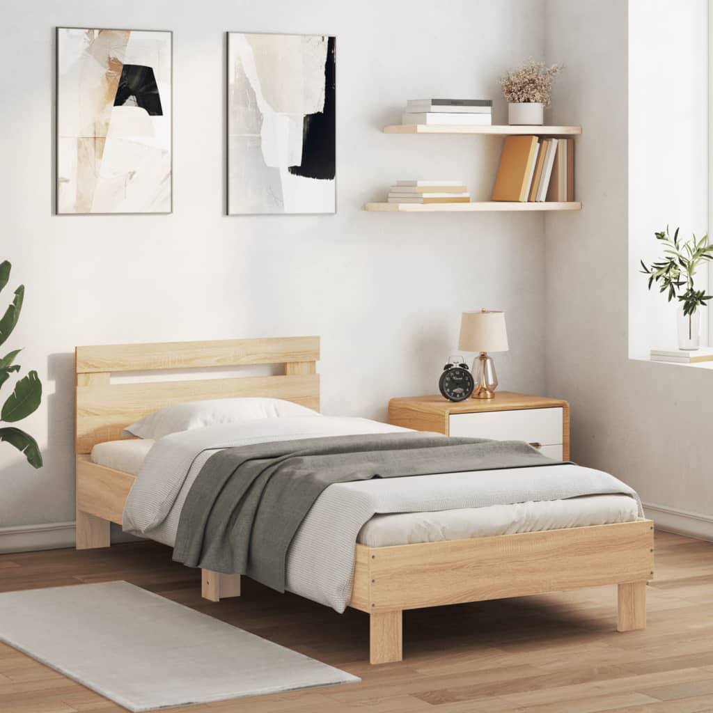 vidaXL Cadru de pat cu tăblie și LED, stejar sonoma, 90x200 cm vidaXL Cadru de pat cu tăblie și LED, stejar sonoma, 90x200 cm
