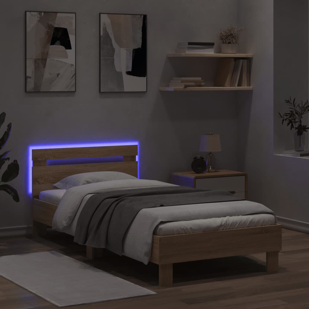 vidaXL Cadru de pat cu tăblie și LED, stejar sonoma, 90x200 cm vidaXL Cadru de pat cu tăblie și LED, stejar sonoma, 90x200 cm