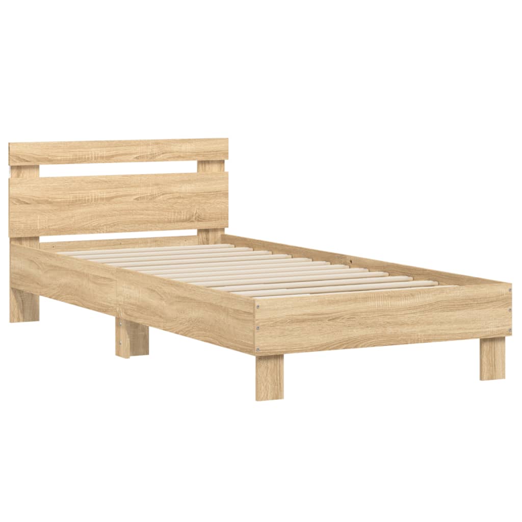 vidaXL Cadru de pat cu tăblie și LED, stejar sonoma, 90x200 cm vidaXL Cadru de pat cu tăblie și LED, stejar sonoma, 90x200 cm