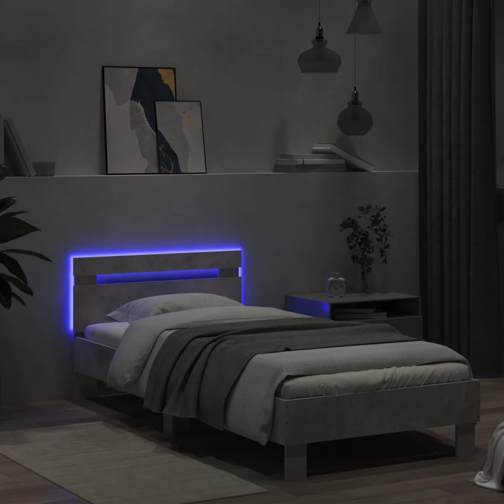 vidaXL Cadru de pat cu tăblie și lumini LED, gri beton, 90x200 cm