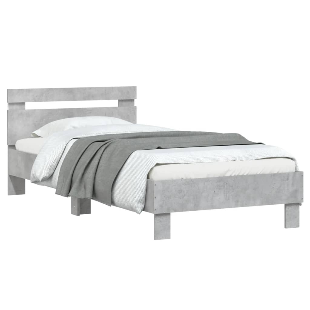 vidaXL Cadru de pat cu tăblie și lumini LED, gri beton, 90x200 cm