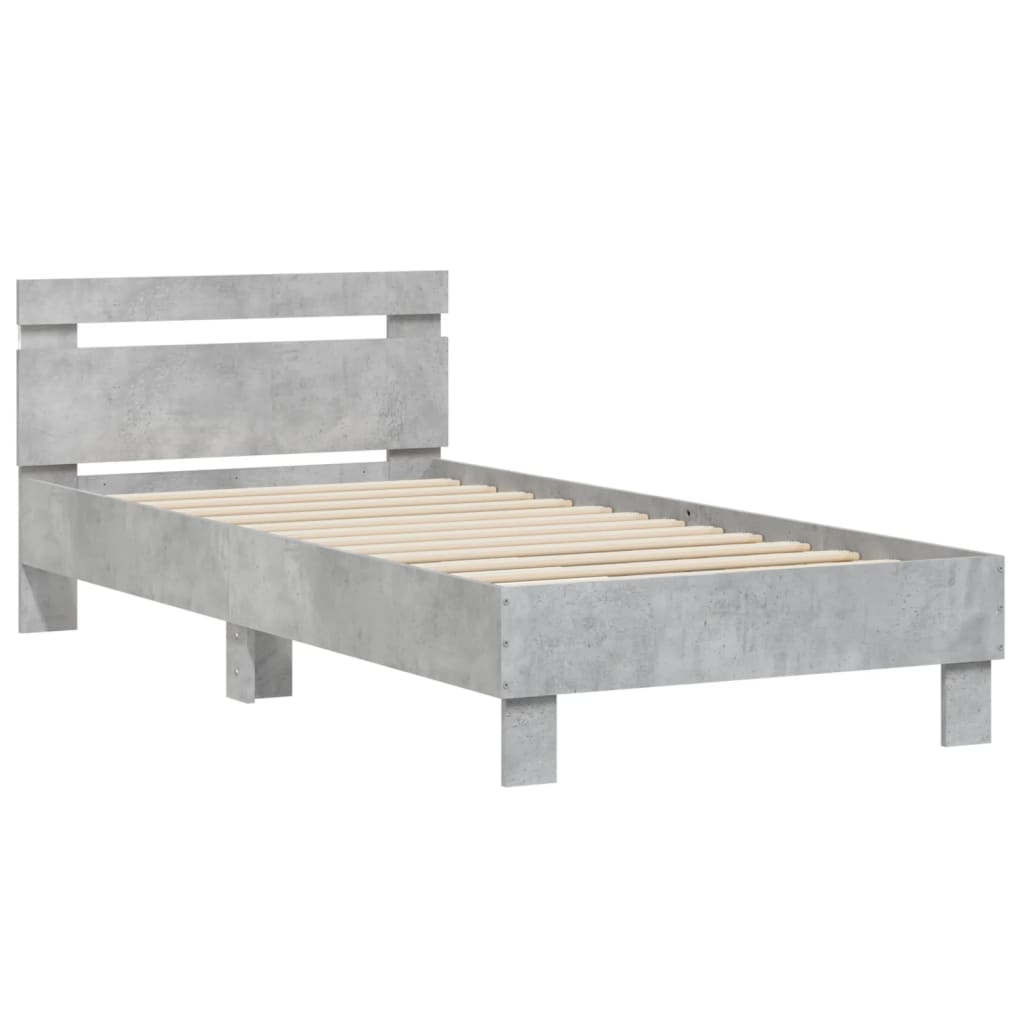 vidaXL Cadru de pat cu tăblie și lumini LED, gri beton, 90x200 cm