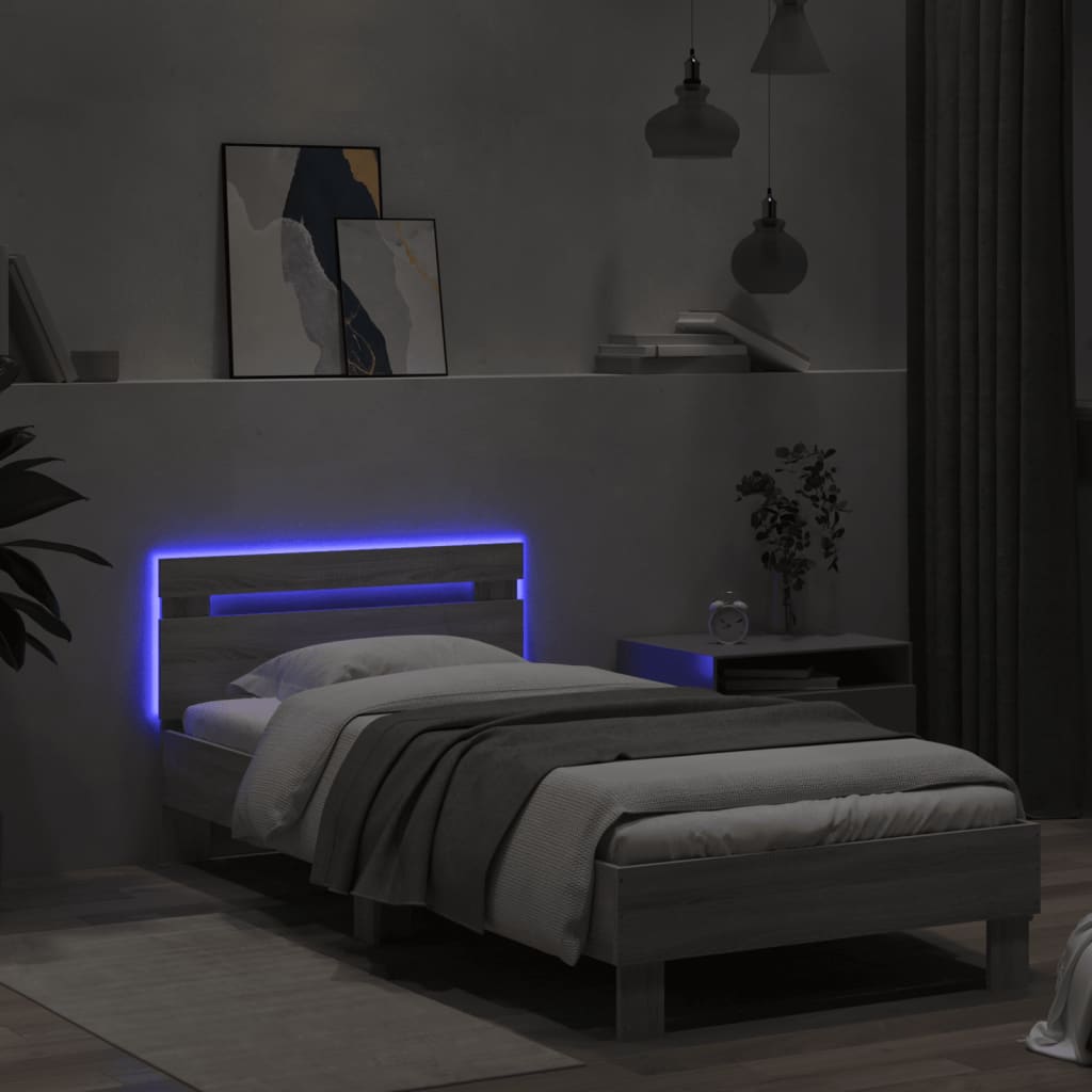 vidaXL Cadru de pat cu tăblie și lumini LED, gri sonoma, 90x200 cm