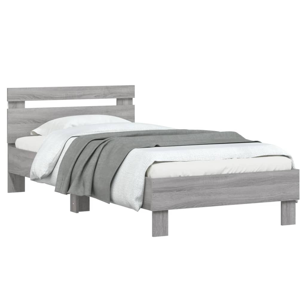 vidaXL Cadru de pat cu tăblie și lumini LED, gri sonoma, 90x200 cm