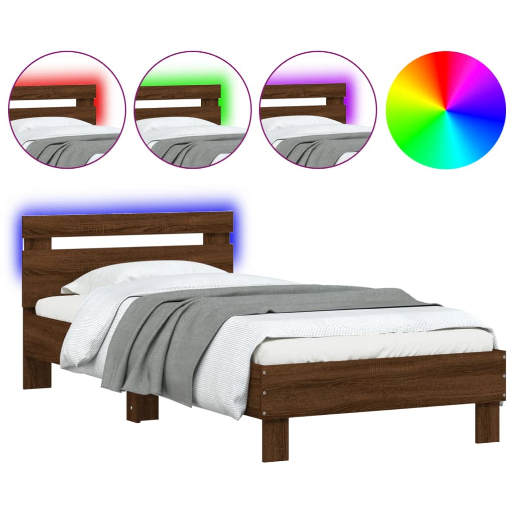 vidaXL Cadru de pat cu tăblie și lumini LED, stejar maro, 90x200 cm