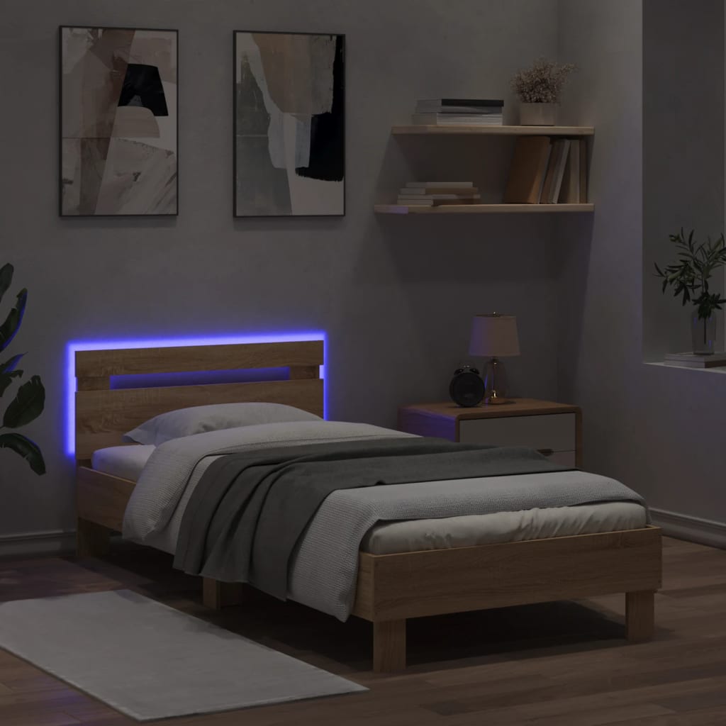 vidaXL Cadru de pat cu tăblie și lumini LED, stejar sonoma, 90x190 cm vidaXL Cadru de pat cu tăblie și lumini LED, stejar sonoma, 90x190 cm