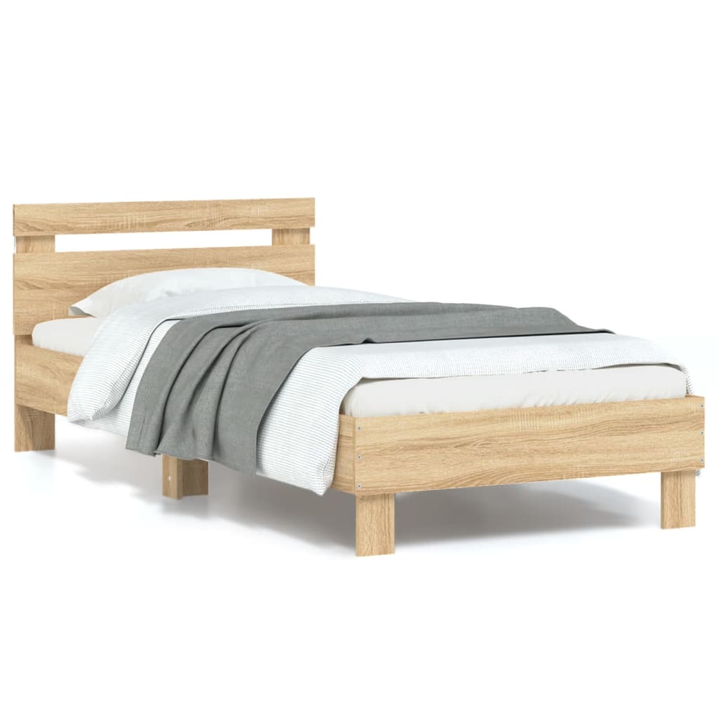 vidaXL Cadru de pat cu tăblie și lumini LED, stejar sonoma, 90x190 cm vidaXL Cadru de pat cu tăblie și lumini LED, stejar sonoma, 90x190 cm