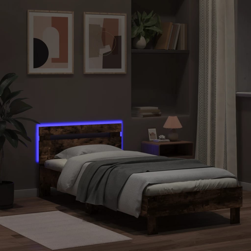 vidaXL Cadru de pat cu tăblie și lumini LED, stejar fumuriu, 90x190 cm