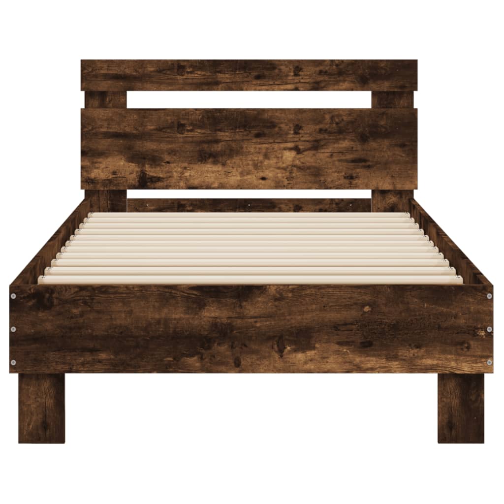 vidaXL Cadru de pat cu tăblie și lumini LED, stejar fumuriu, 90x190 cm