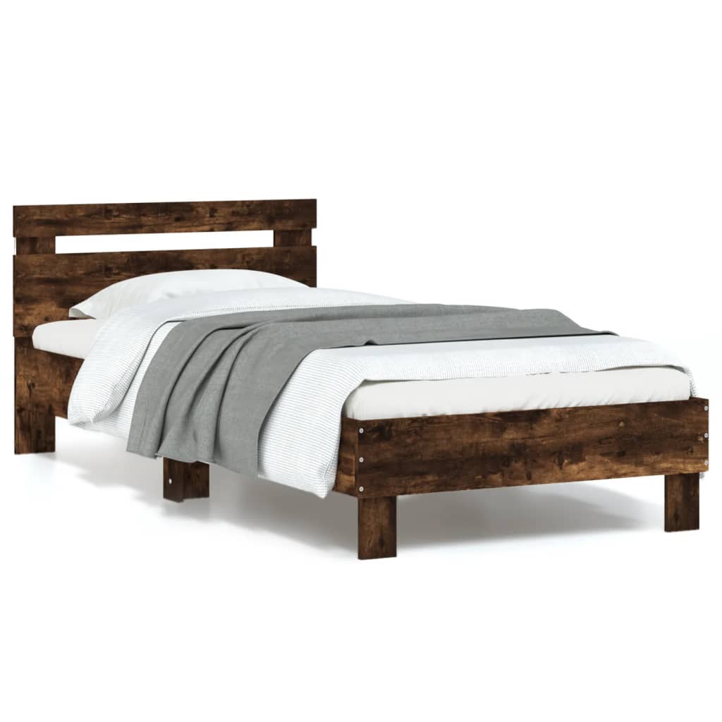 vidaXL Cadru de pat cu tăblie și lumini LED, stejar fumuriu, 90x190 cm