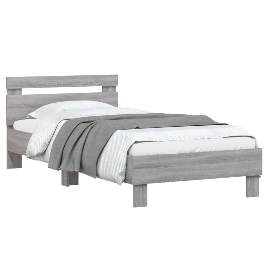 vidaXL Cadru de pat cu tăblie și lumini LED, gri sonoma, 90x190 cm