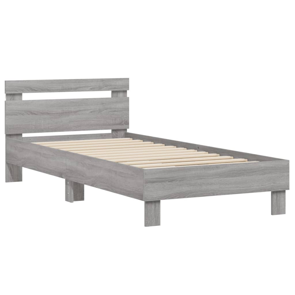 vidaXL Cadru de pat cu tăblie și lumini LED, gri sonoma, 90x190 cm