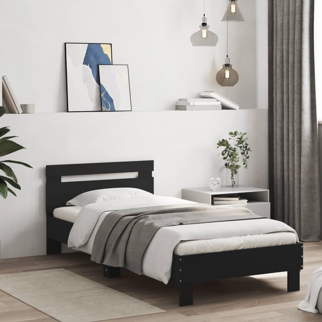 vidaXL Cadru de pat cu tăblie și lumini LED, negru, 75x190 cm