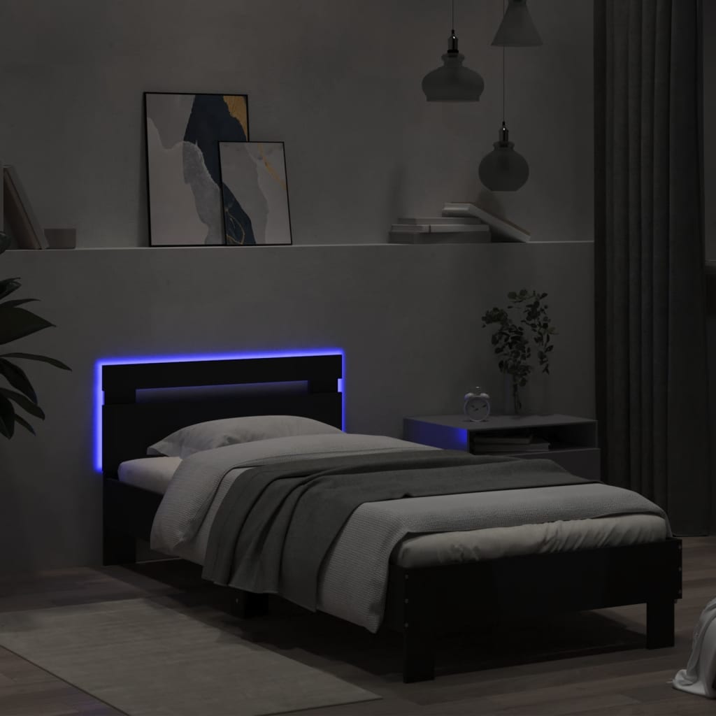 vidaXL Cadru de pat cu tăblie și lumini LED, negru, 75x190 cm